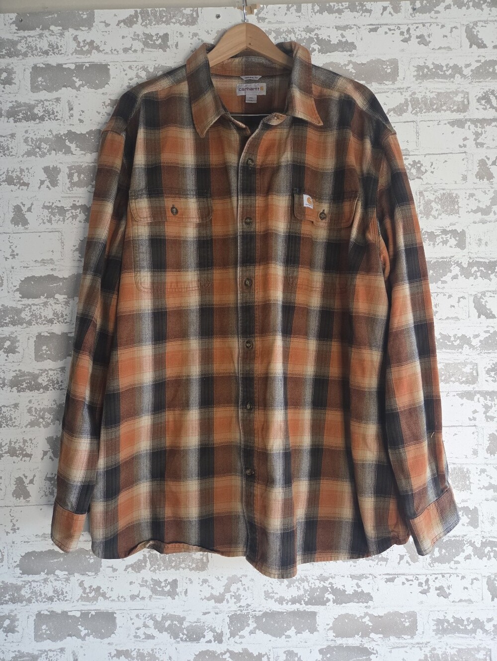 Carhartt Orange and Brown Plaid Button-Down Shirt